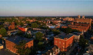 Aerial view of a Lancaster City neighborhood at sunset.